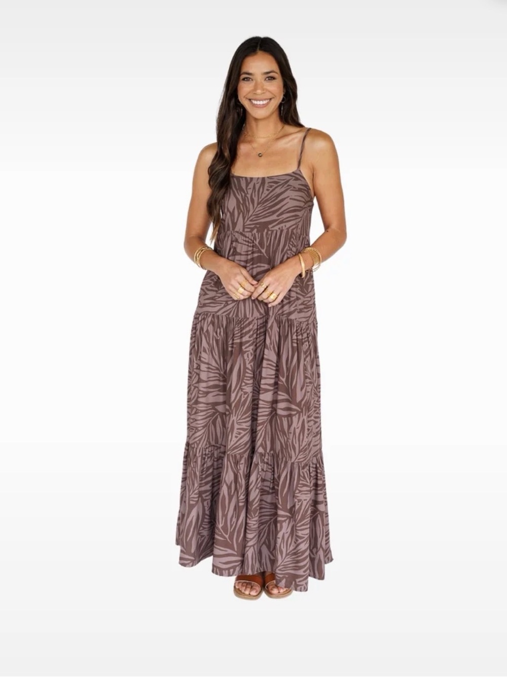 🔘”pretty in palms” leaf-Print Maxi Dress in “coffee bean”